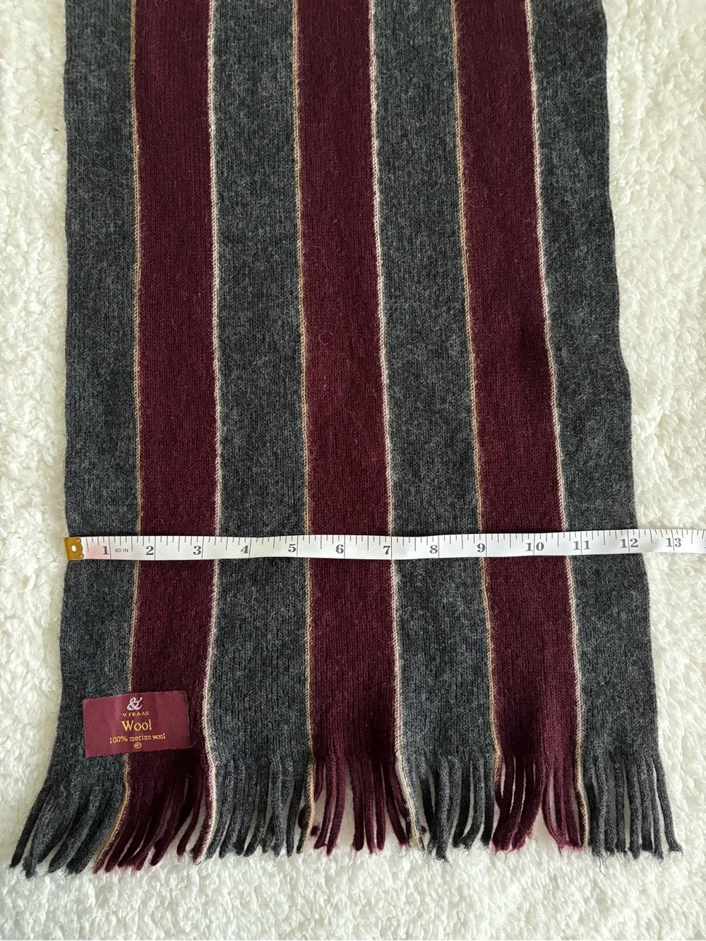 V. Fraas 100% Merino Wool Scarf Gray Burgundy Striped Fringe Long 57in